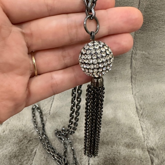 Gunmetal Chain Crystal Ball With Tassel Necklace - Picture 4 of 4